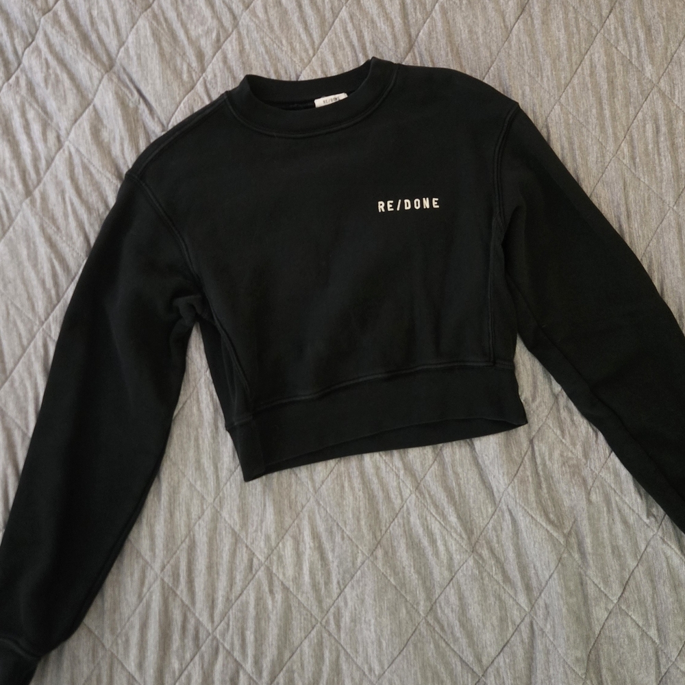 Re/Done Jet Black Pullover - Cotton Crop Crewneck Longsleeve